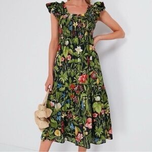 Tuckernuck Noir Blooming Botanical Mallie Nap Dress Floral‎ Smock Bodice Flutter